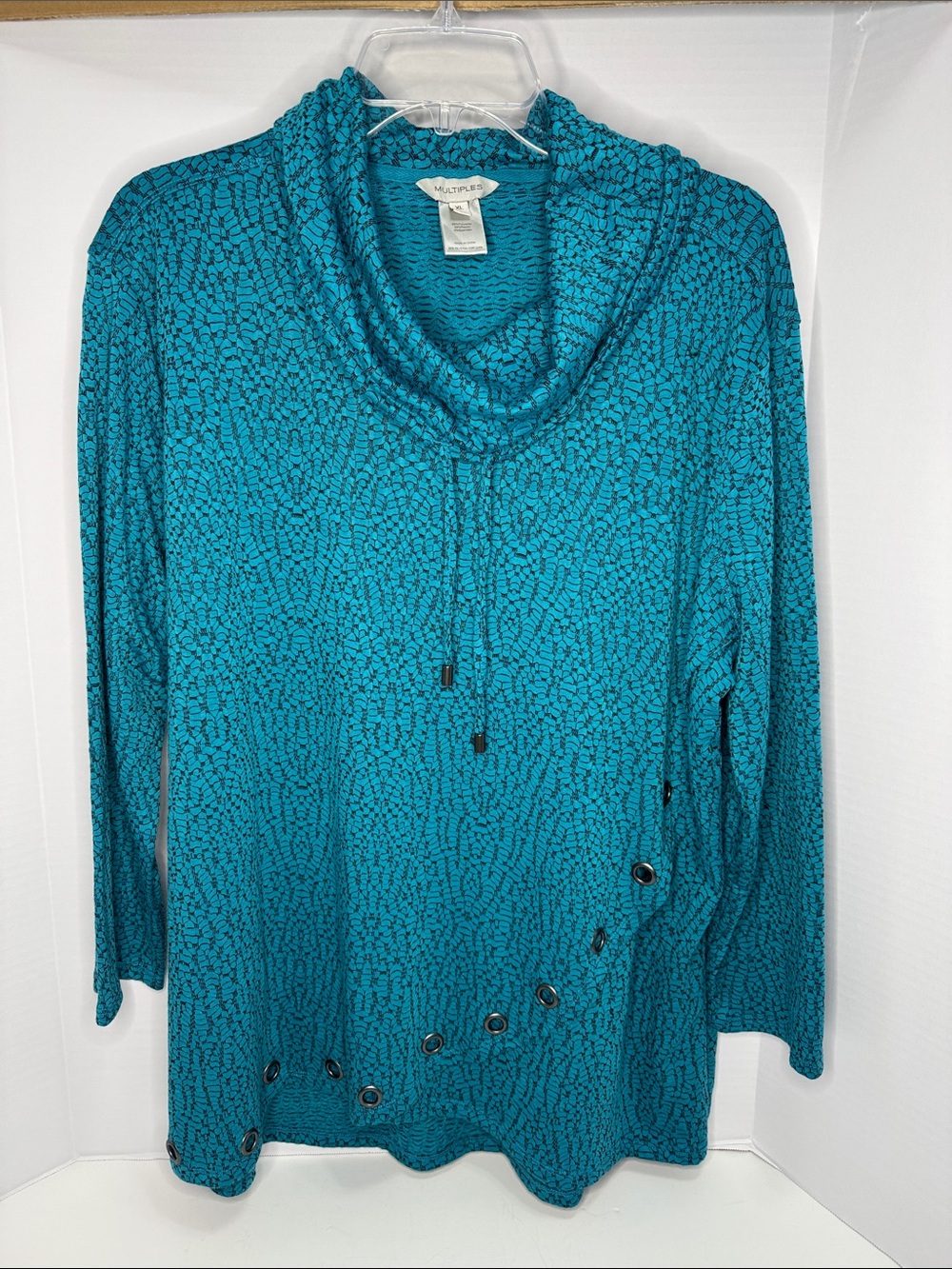 Multiples Teal Patterned Cowl Neck Tunic with Grommet Detail